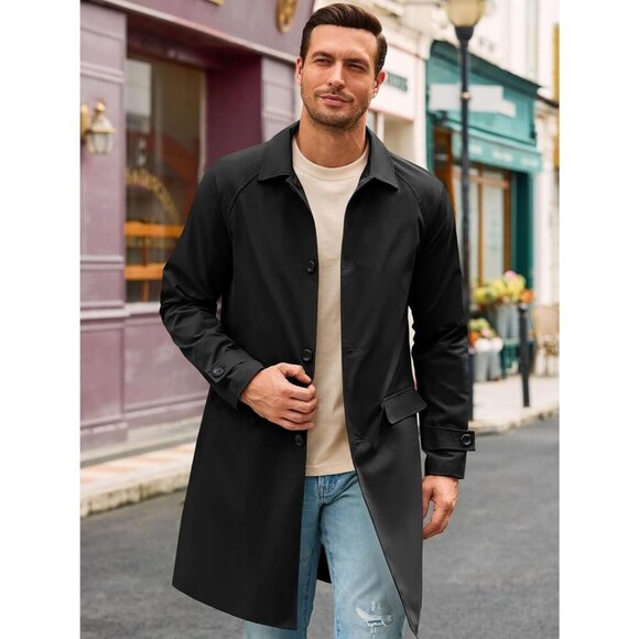 Men's Black Slim-Fit Single-Breasted Trench Coat Long Windbreaker Overcoat - Picture 2 of 5